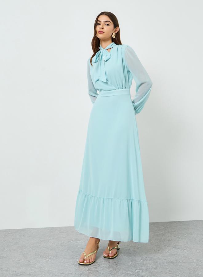 Styli Women Blue Chiffon Tie Up Neck Maxi Dress - Image 2
